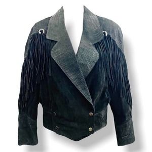 Charles Klein Snakeprint Detail Leather and Suede Black Fringe Leather Coat